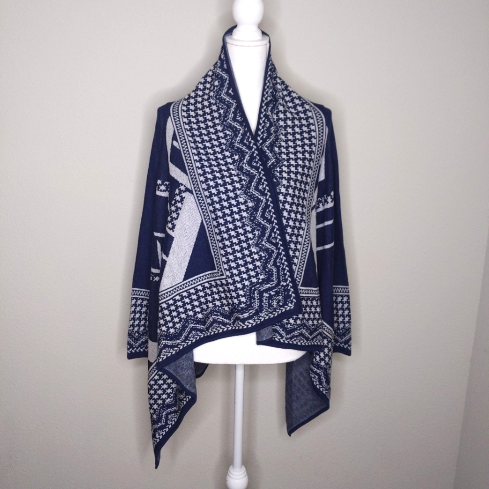 Dana Buchman Southwestern Cardigan Navy Grey Aztec Sweater Poncho Women’s Small